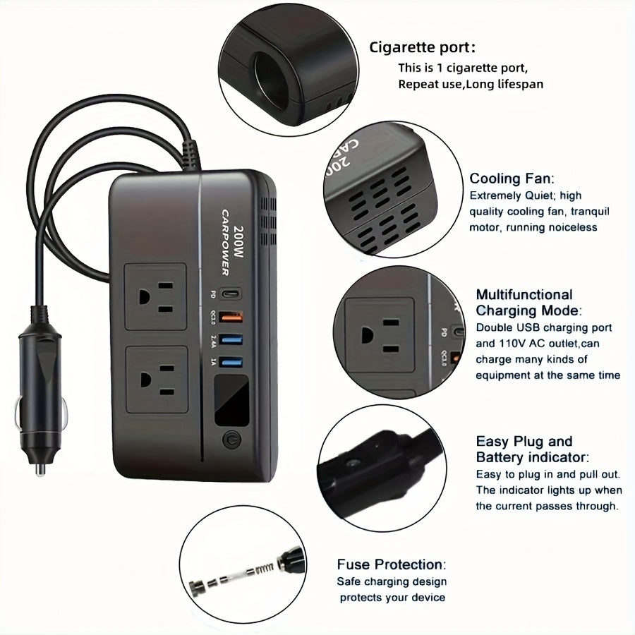 200W Car Inverter DC 12V to 110V USB 3 Ports Type C