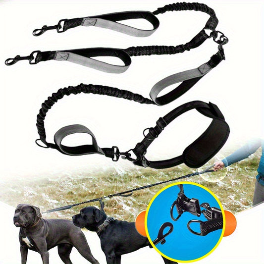 Hands Free Double Dog Leash with Padded Handles and Reflective Stitches