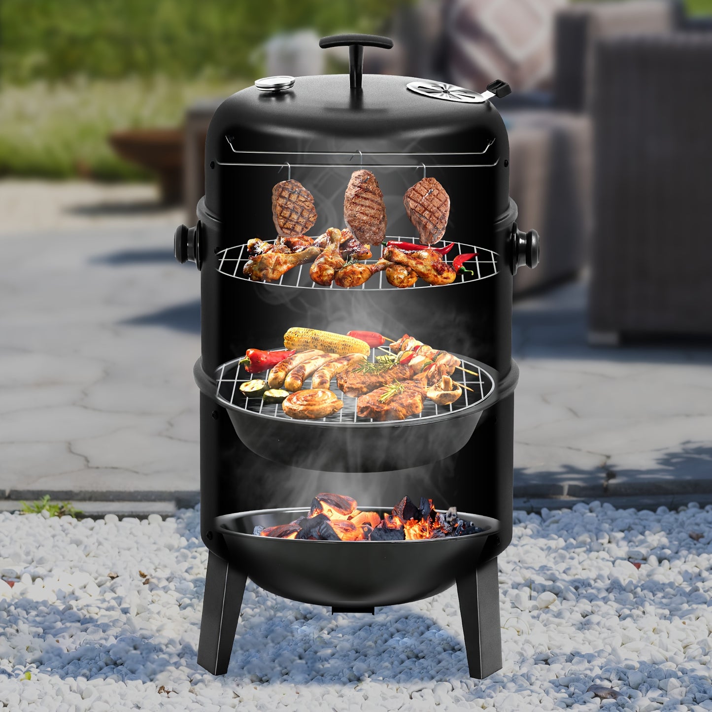 Portable Vertical Charcoal Smoker Grill With Thermometer