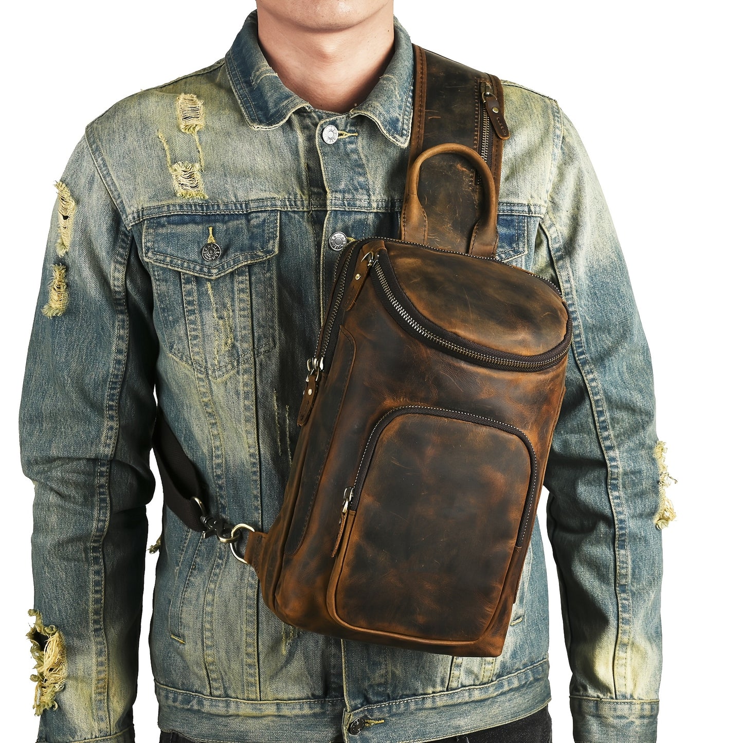 Brown Leather Chest Bag for Men with Adjustable Strap