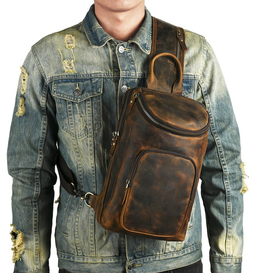 Brown Leather Chest Bag for Men with Adjustable Strap