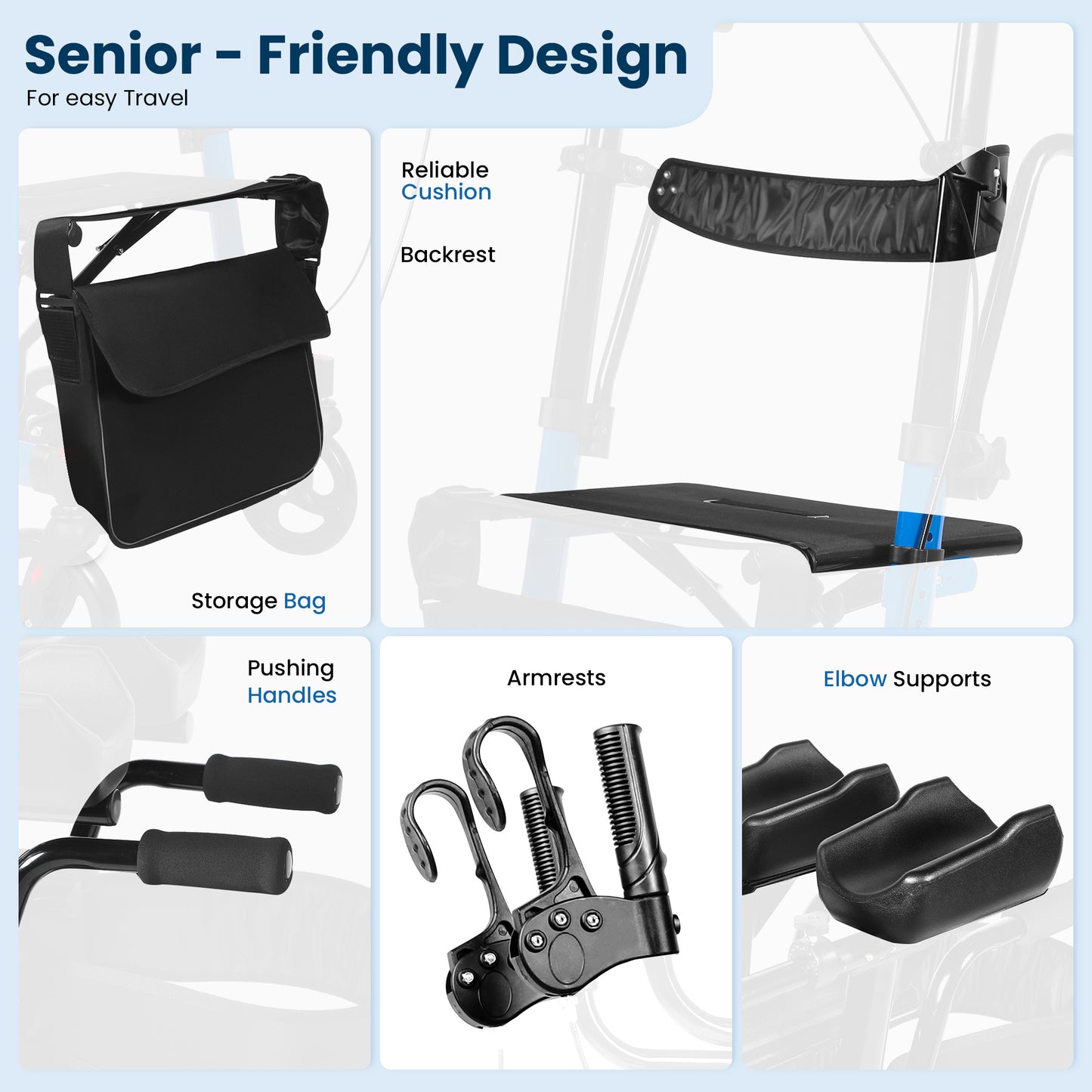 Foldable Rollator Walker Seat For Seniors Adjustable Handles