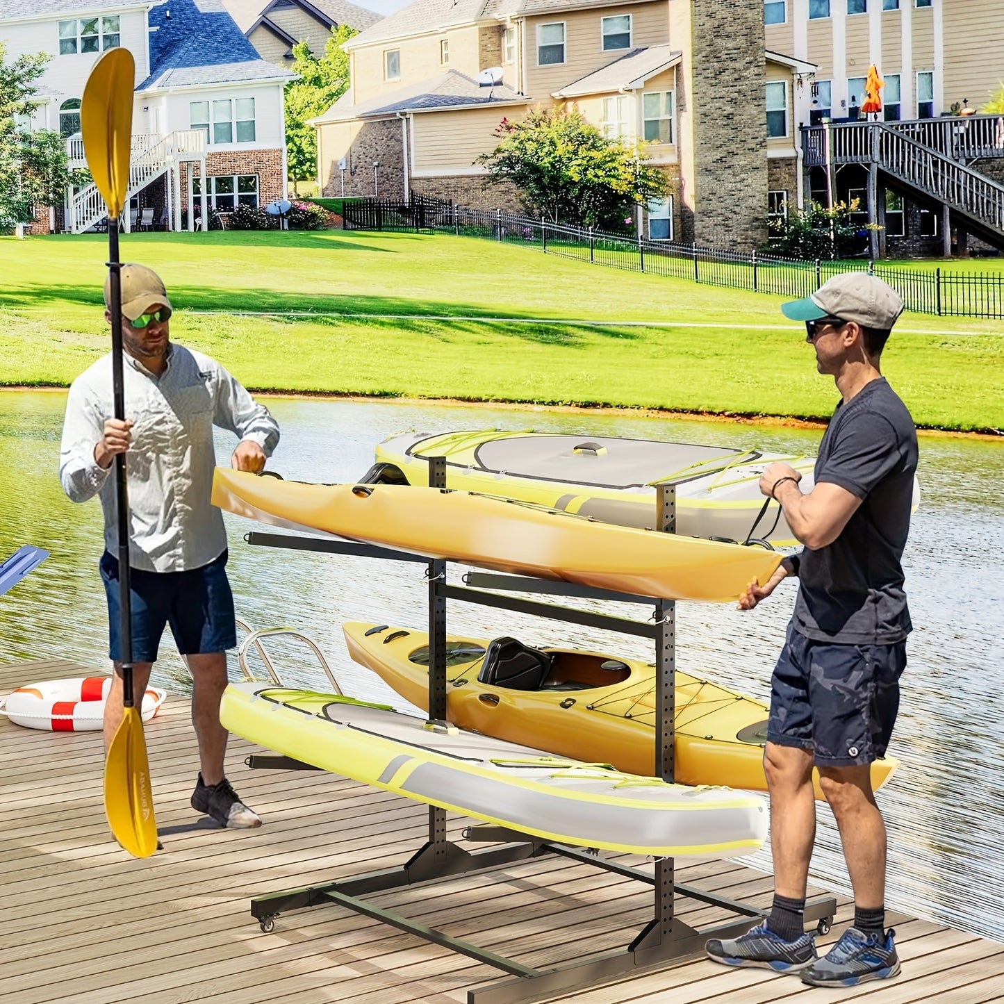 Freestanding Kayak Storage Rack for Four Kayaks with Wheels