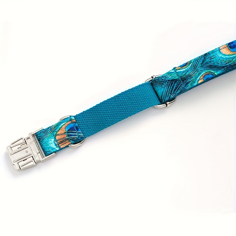 Personalized Dog Collar With Peacock Feather Design ID Tag
