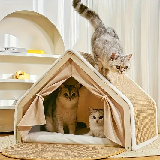 Semi-Enclosed Cat House With Scratching Pad For Cozy Comfort