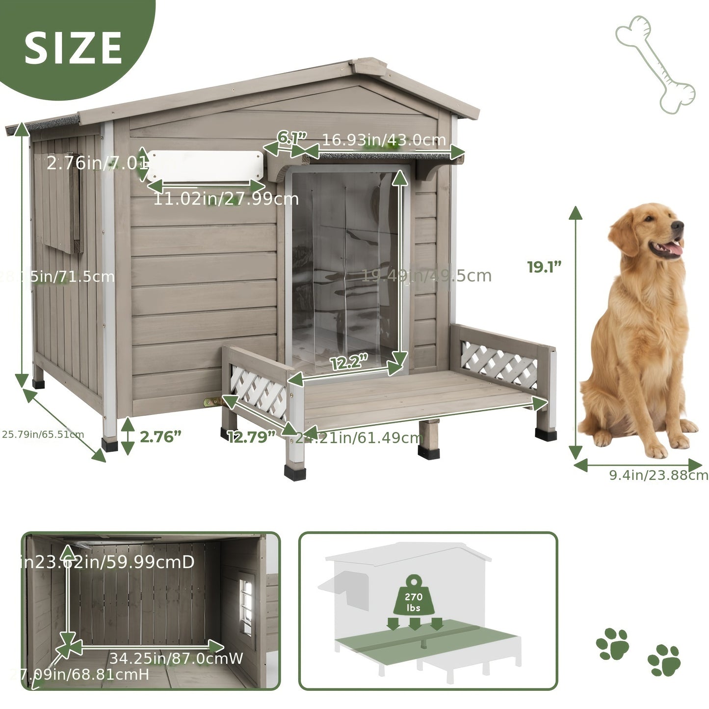 Weatherproof Bite Resistant Outdoor Indoor Dog House Deck