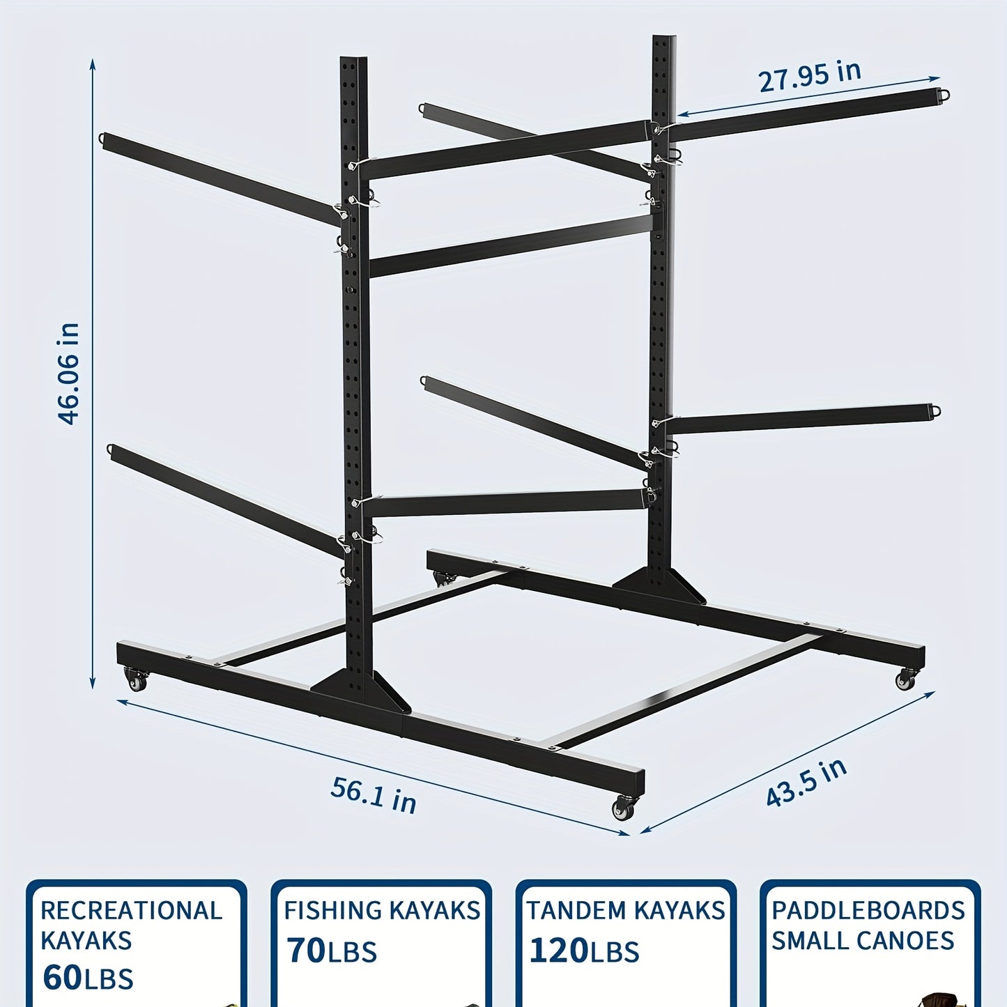 Freestanding Kayak Storage Rack for Four Kayaks with Wheels