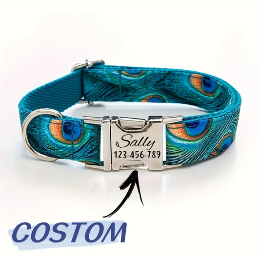 Personalized Dog Collar With Peacock Feather Design ID Tag
